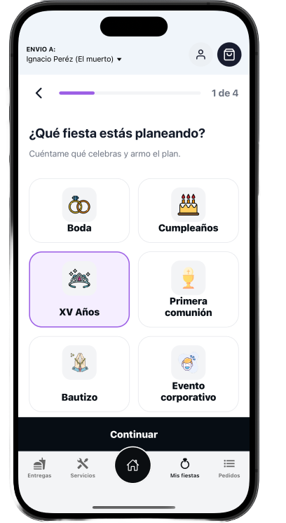 Selección del tipo de fiesta en Piter Eats