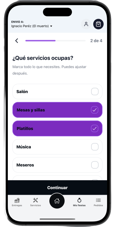 Selección de servicios para una fiesta