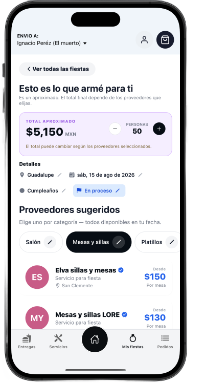 Proveedores sugeridos para una fiesta