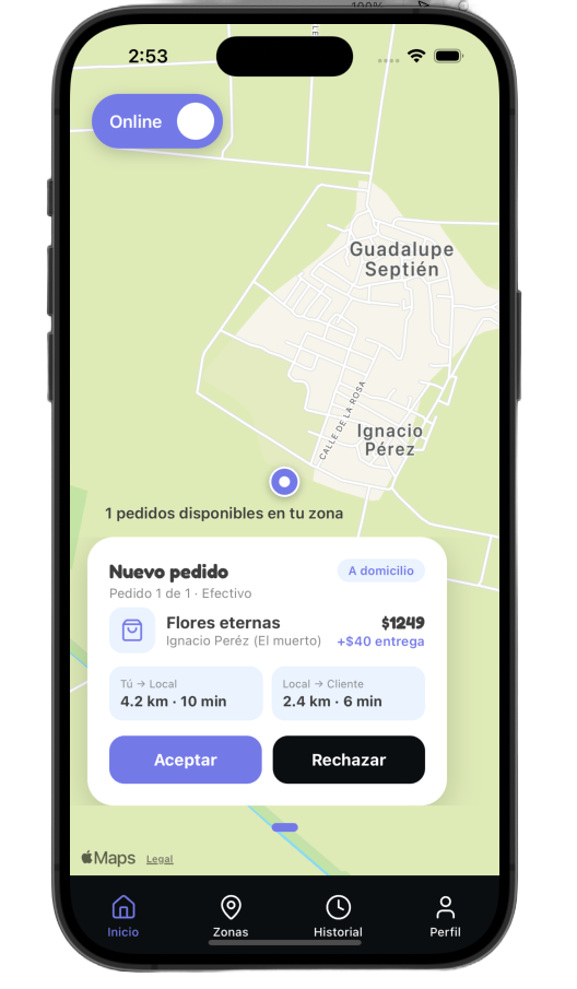 Pedido disponible para un repartidor de Piter Eats